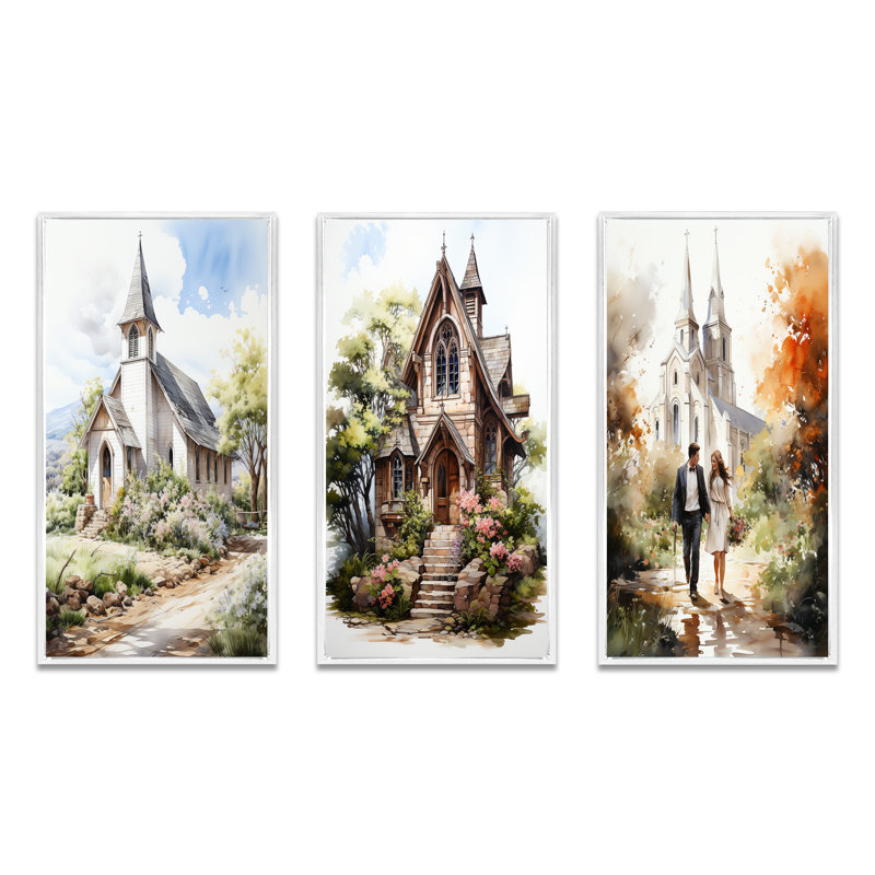 «White Wedding Chapel Rustic Spring Watercolor», ensemble de 3 impressions, Cadre flottant blanc, H 28 po x l 36 po