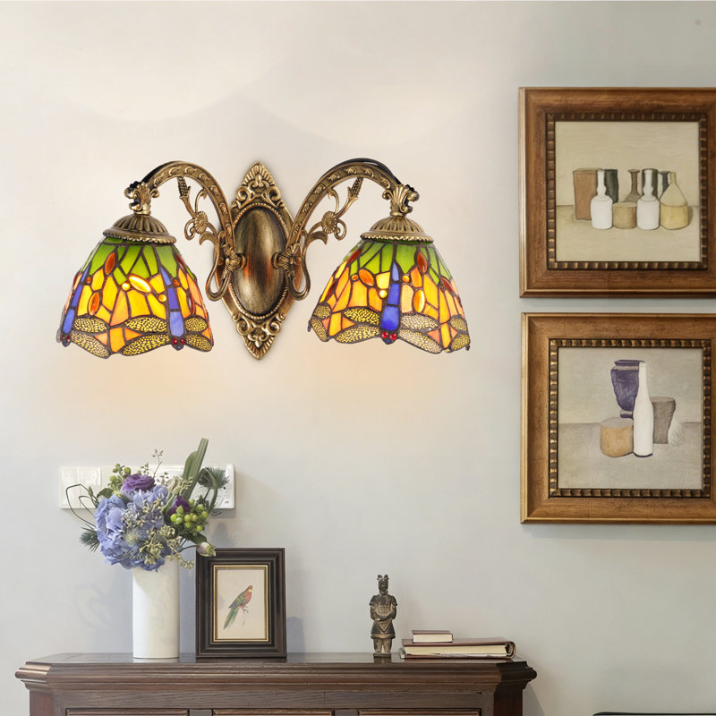 2- Head Tiffany Wall Sconces,Stained Glass Baroque Style Dragonfly  Wall Lamp(2-Light)
