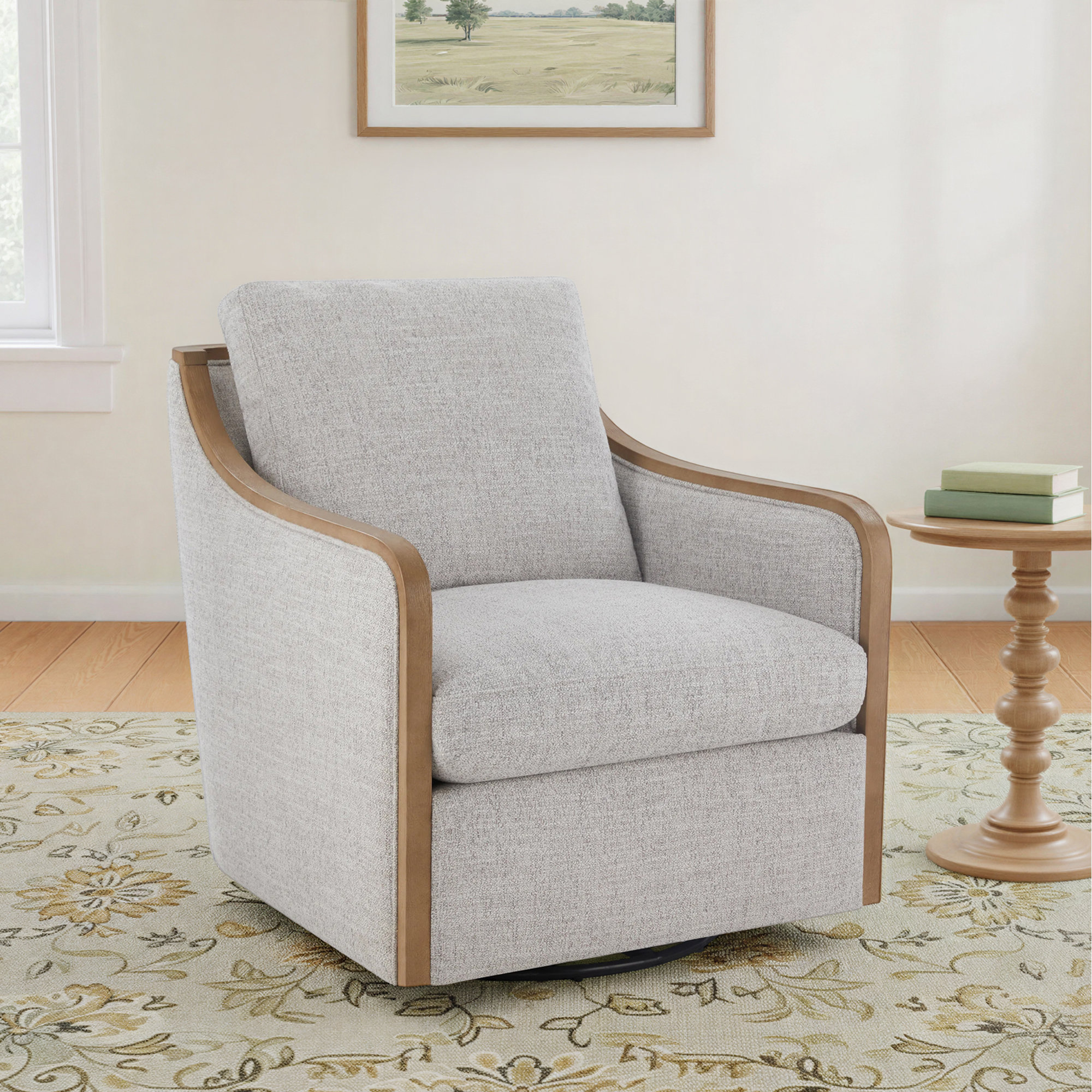 Grayton Oversized Upholstered Swivel Barrel Chair, Nathan Gray Heathered