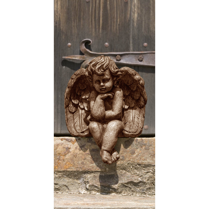 Seated Small Cherub Statue, Brownstone