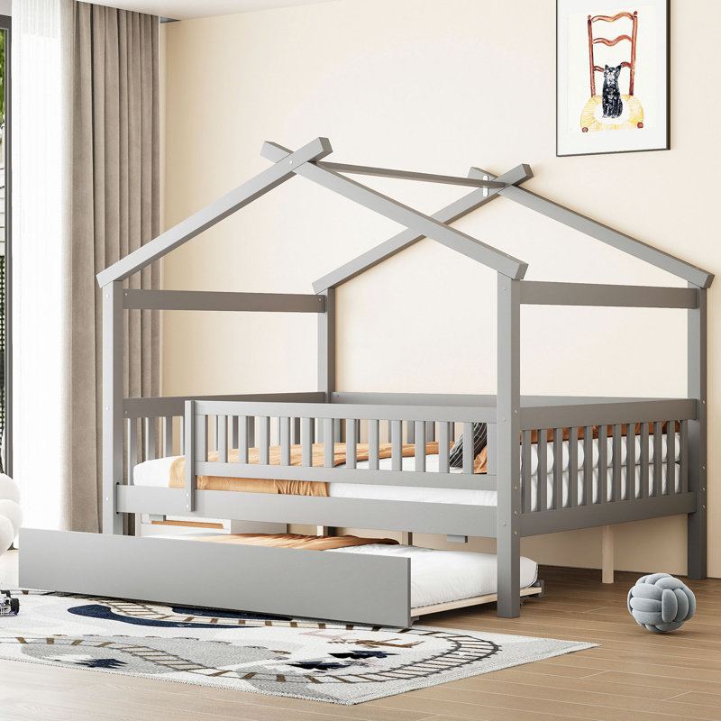 Wooden House Bed With Trundle, Gray