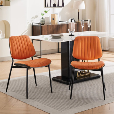 Of 2 Mid Century Modern Dining Chairs, Orange Pu Fabric, Walnut , Metal Legs, Ergonomic & Fashionable For Kitchen Office Style Leather, Back, Design With Adjustable Back Custom Fit