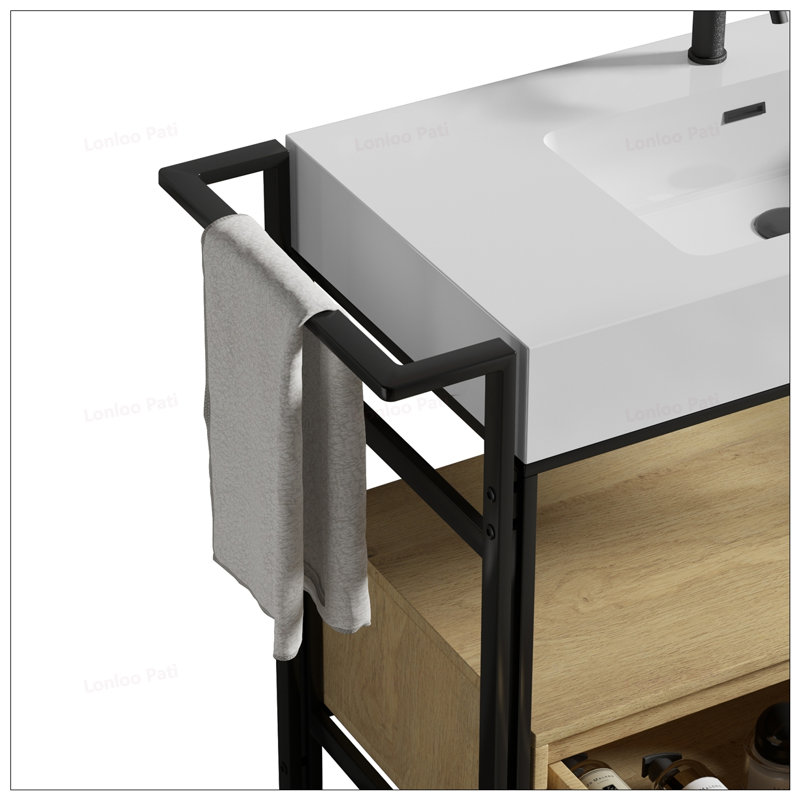 Meuble-lavabo 36 po avec lavabo en pierre artificielle et structure en métal, Blanc