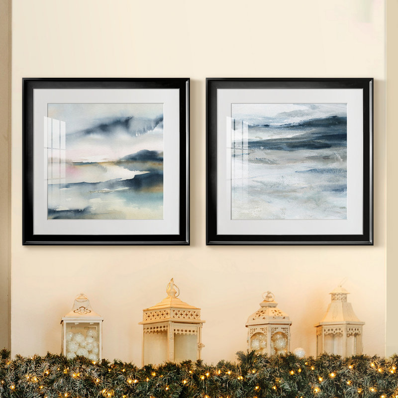 Sunwashed Horizon - Peinture encadrée sur papier, H 17,5 po x l 35 po, Impression encadrée avec passe-partout, Noir