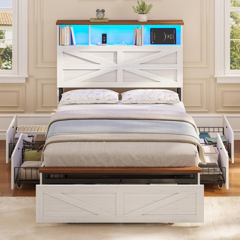 Wood Twin Bed Frame with 5 Drawers and Spacious Storage Headboard Farmhouse LED Metal Platform Bed with Charging Station No Boxing Need