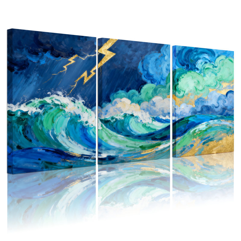 Nautique et plage, vagues de mer orageuses, nuages ciel, ensemble de 3 impressions sur toile, H 30 po x l 60 po
