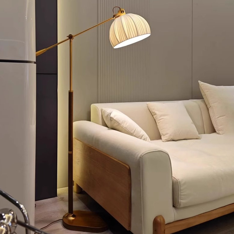 Blanc + or + tissu brun-noix + bois massif + lampes sur pied sans fer