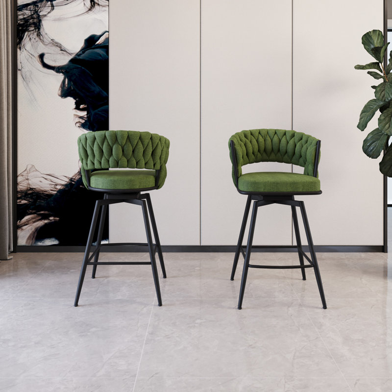 26" Bar Chair Linen Woven Bar Stool Set Of 2 (No Including  Table), Green