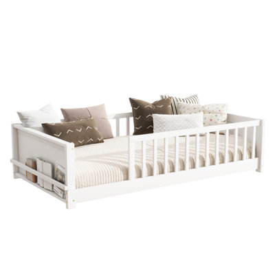 Twin size Floor Platform Bed with Built-in Book Rack,White