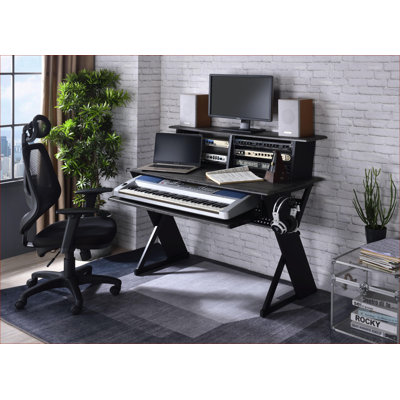 Bureaux de musique, finition noire moderne avec plateau à clavier, rangement et amp; Gestion des câbles | Noir | Bois synthétique