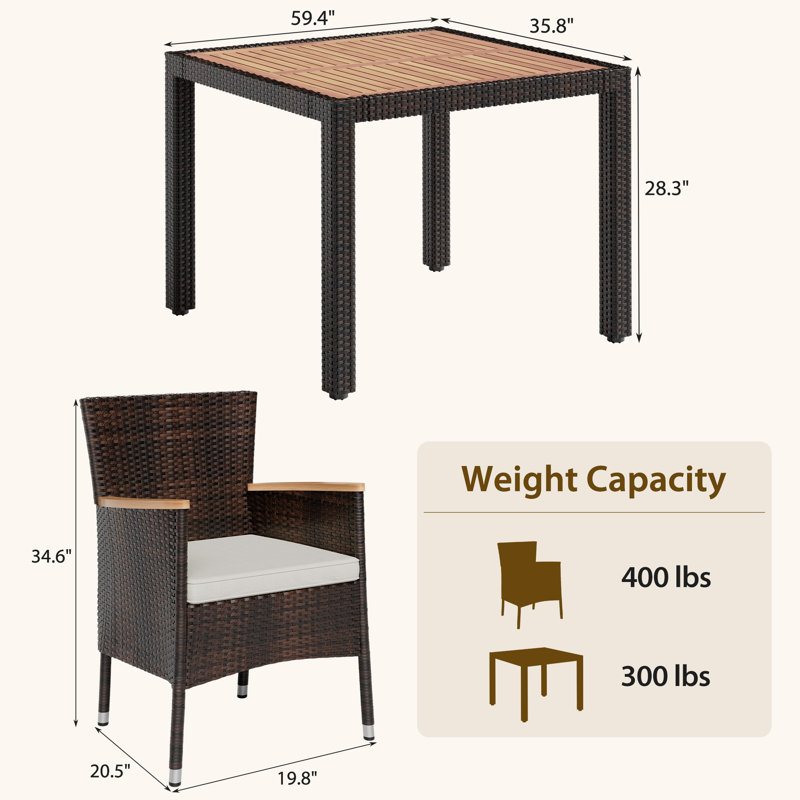 Ensemble repas d'extérieur 4 personnes avec coussins Autymn, 4, Brun