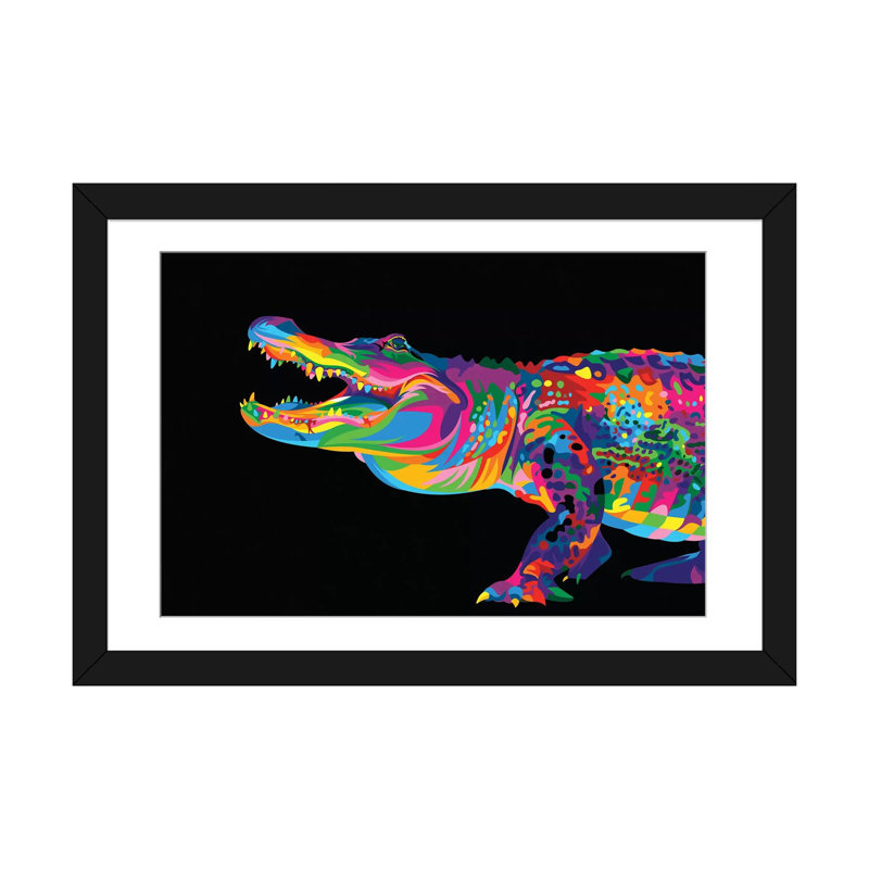 «Alligator», impression sur toile, H 16 po x l 24 po x P 1 po, Papier beaux-arts encadré noir, Blanc
