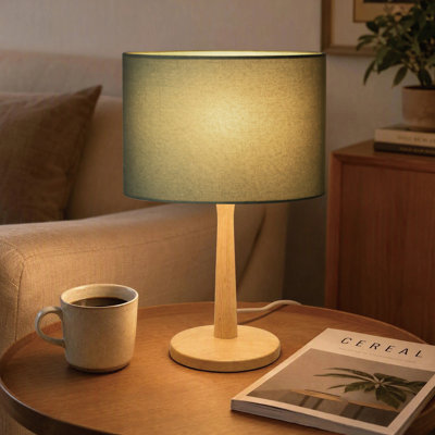 16.3" Modern Natural Wood Table Lamp with Green Linen Shade and Stepless Dimmer, UL‑Listed for Bedside, Home Offices, Study Room or Living Room Ambient Light