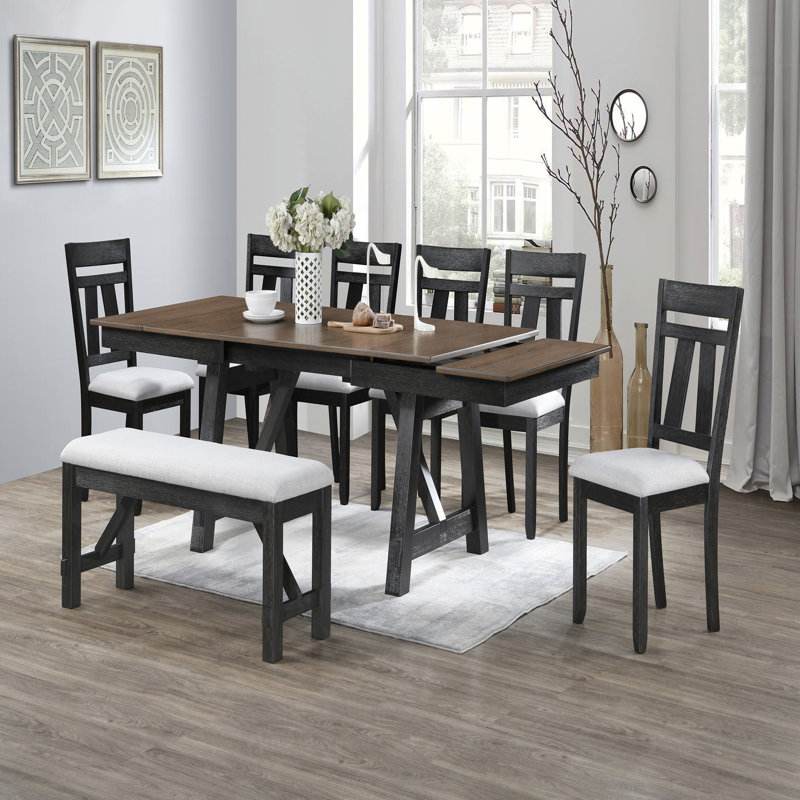 Ensemble de table de salle à manger extensible de style champêtre Ensemble de chaises rembourrées gris anthracite blé, 8