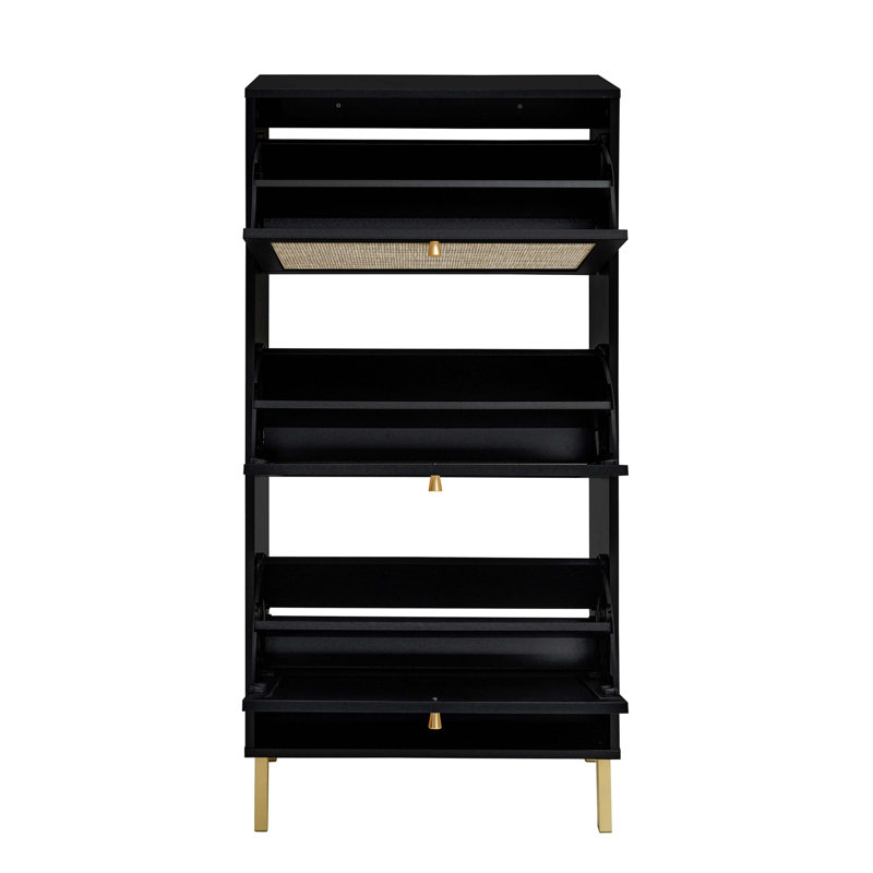 Rattan 3 Door Shoe Rack, Freestanding Modern Shoe Storage Cabinet, For Entryway, Black