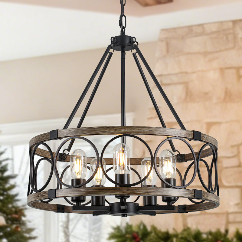 5 - Light 20 inch Dimmable Drum Chandelier Industrial Round Light Fixture for Entryway Foyer Kitchen Island Bedroom Living Room
