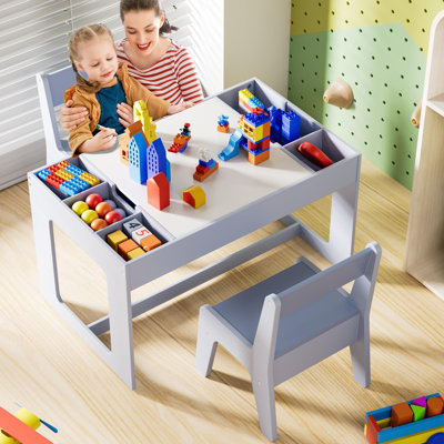Children's Seating Group With Storage Space, Children's Table With 2 Chairs, Children's Table And Chair Set With Reversible Tabletop, Children's Desk For Children's Room, School, Daycare, For Children From 3 Years