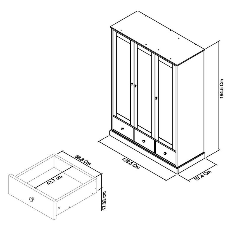 Carolina 3 Door Wardrobe, Soft Grey