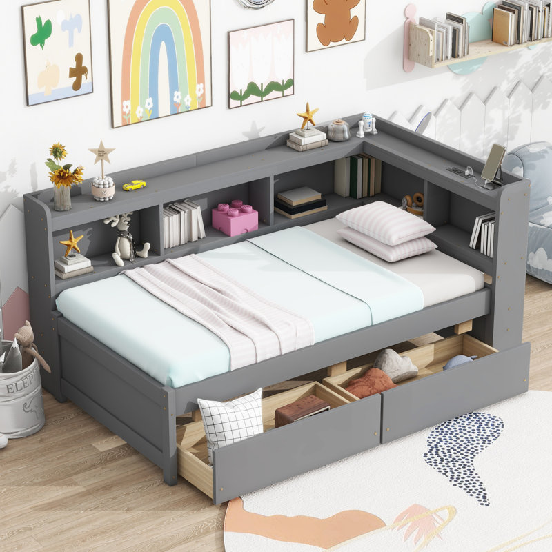 2 Drawer Solid Wood Bookcase Bed with Power Outlets and USB Charging Ports, Gray, Twin