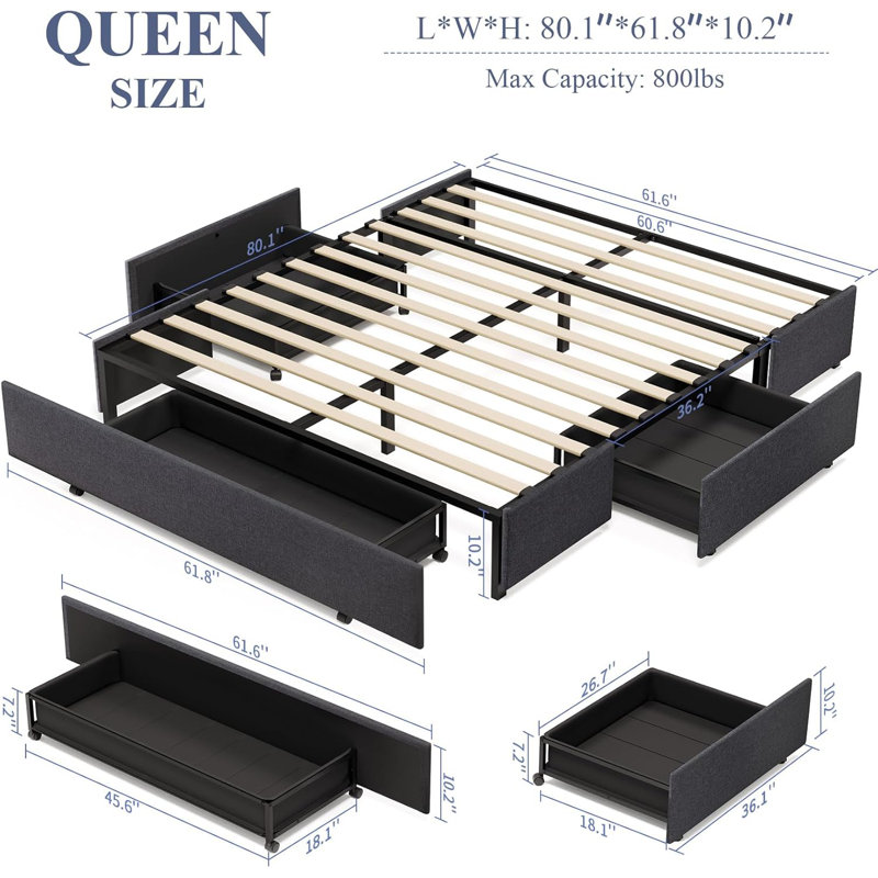 Grand lit plateforme avec tiroirs de rangement, pas de sommier requis, gris, Grand lit