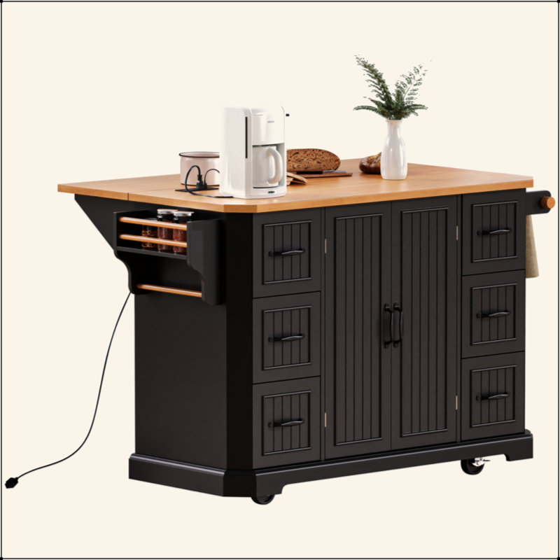 56 Inch Kitchen Island With Rubber Wood Veneer Drop Leaf, Power Outlet, 4 Door Shelves, Embossed Vertical Stripe Rolling Kitchen Cart On 4 Wheels With 6 Deep Drawers For Kitchen, Dining Room