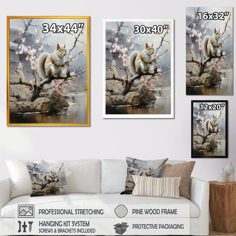 Écureuil sur fleur de cerisier rose 1 - Écureuil, art mural animal, H 40 po x l 30 po x P 1,5 po, Cadre flottant doré