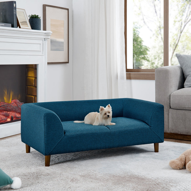  Canapé pour animaux de compagnie avec dossier et accoudoirs, canapé rectangulaire moderne pour petits et moyens chiens, coussin moelleux, bleu