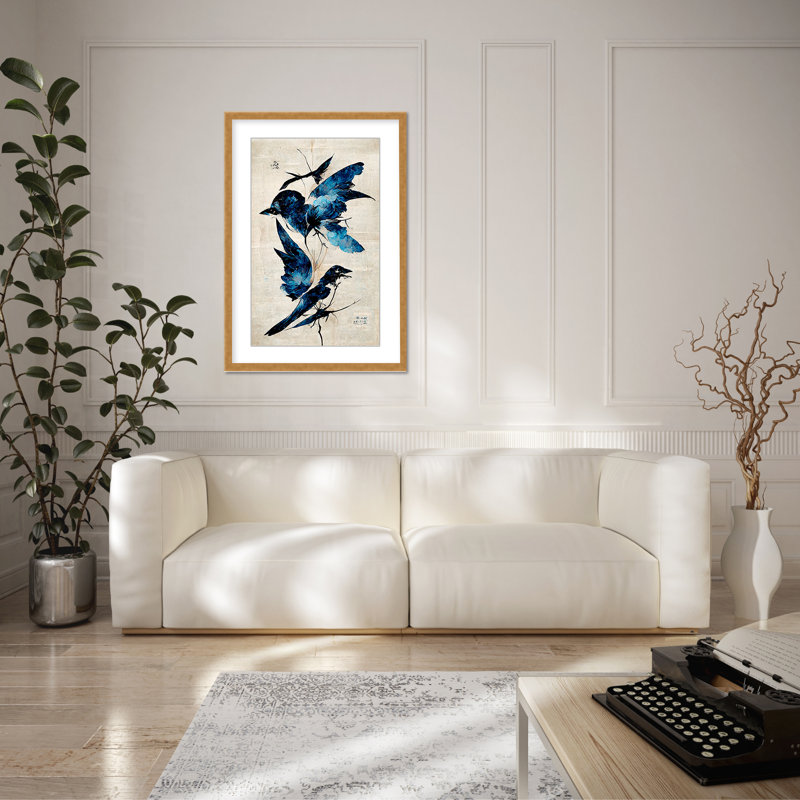Nature Inspired Blue Birds, 24" H x 16" W x 1.125" D, Gold, Framed Matted Print