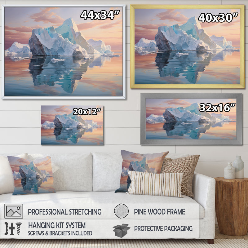 Teal Peach Iceberg Frozen Serenity, Cadre simple argenté, H 16 po x l 32 po x P 1 po