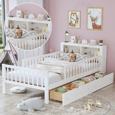 Lit simple blanc avec tête de lit et tiroirs de rangement, base de lit plateforme pour enfants