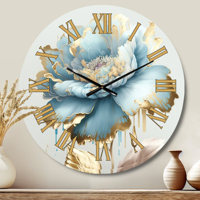 Chic Blue Blooming Flower III - Floral & Botanical Golden Face Wall Clock