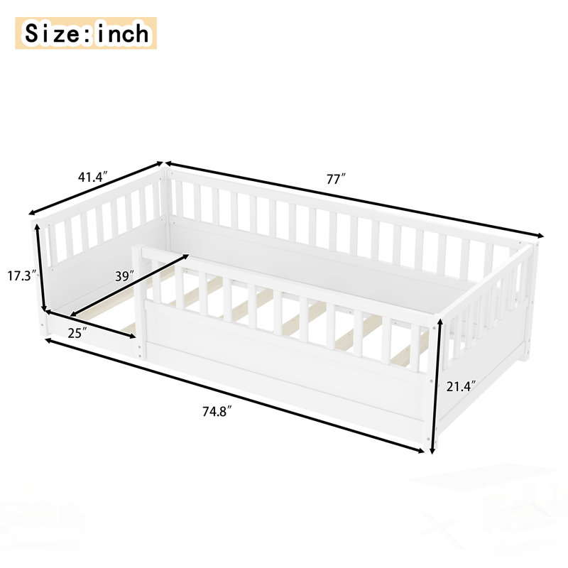 Lit Montessori en bois avec barrière et porte haute sécurité, parfait pour un sommeil sécuritaire et indépendant, Blanc