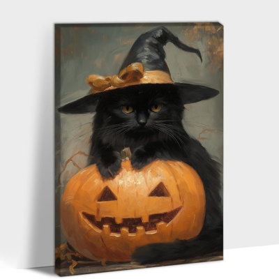 Halloween Wall Art Framed - Vintage Witch Cat And Jack-O'-Lantern Halloween Pictures Wall Decor, Spooky Black Cat Wall Art For Home Decor Wrapped Canvas Print Ready To Hang 24×36 Inches