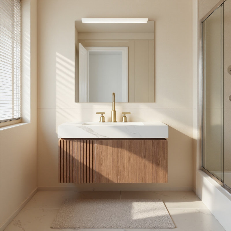 Meuble-lavabo flottant 36 po avec lavabo 36 po, armoire en chêne brun pré-assemblé, plateau en pierre frittée Carrara, 36"