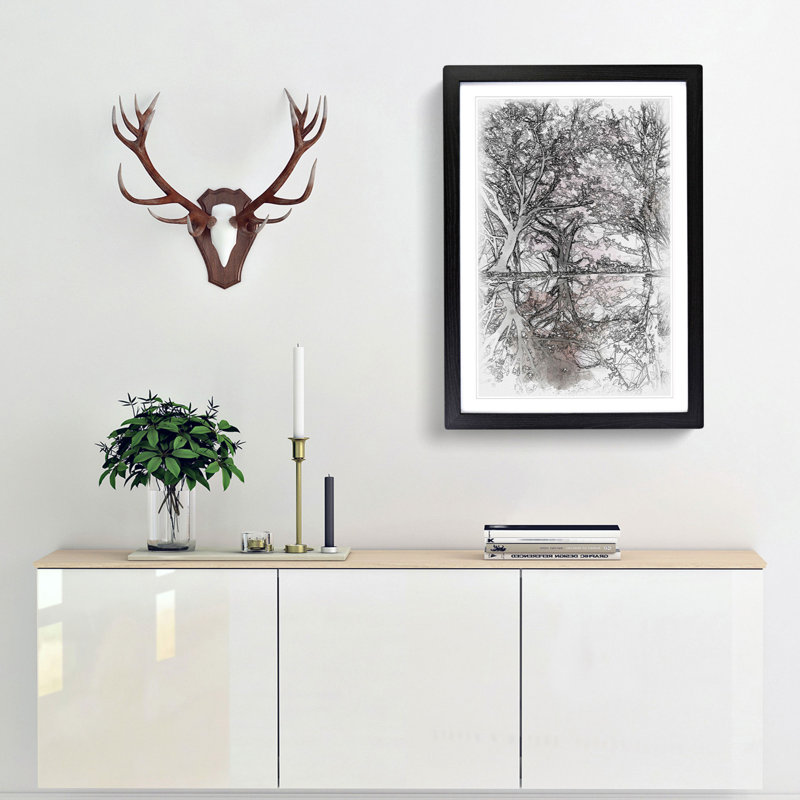 Reflection Of The Pink Blossom Trees Sketch - Single Picture Frame Print on MDF, 63cm H x 45cm W x 2cm D, Black Framed
