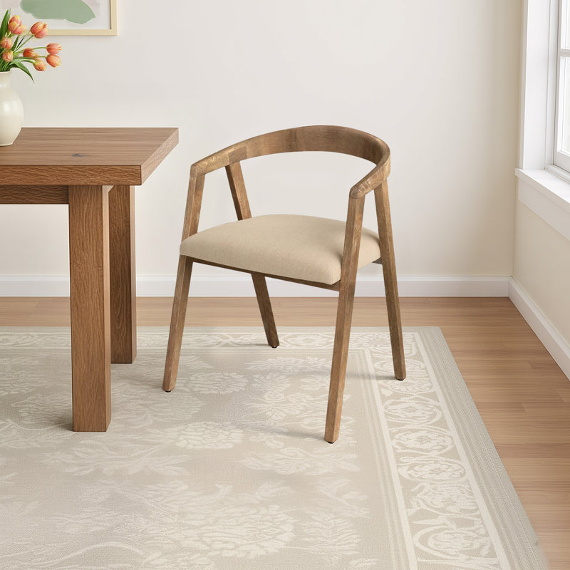 Fitzpatrick Mid-Century Oak Wood Upholstered Dining Armchair, Natural Oatmeal Beige, Natural