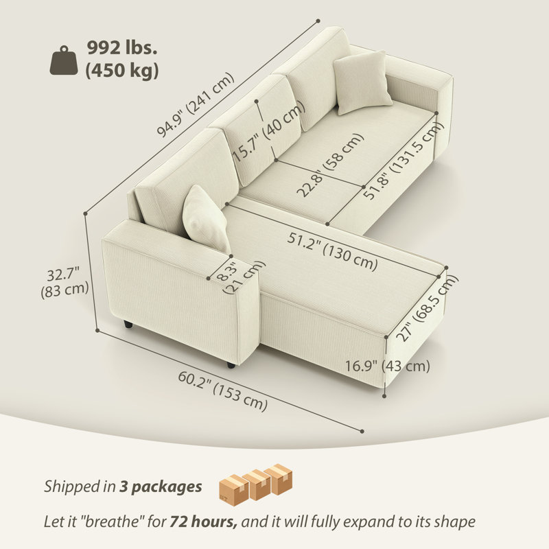 95" Sectional Sofa with Reversible Chaise Lounge, L-Shaped Corner Sofa with Corduroy Fabric, Pocket Spring, 2 Pillows, Wide Arm, Thick Padded, 3 Seat Couch for Living Room, Cream White