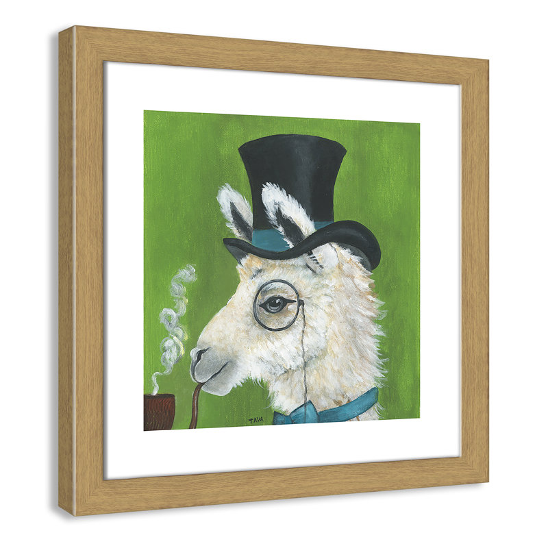 Lama et tuyau, art encadré, H 18 po x l 18 po x P 0,625 po, Cadre en chêne