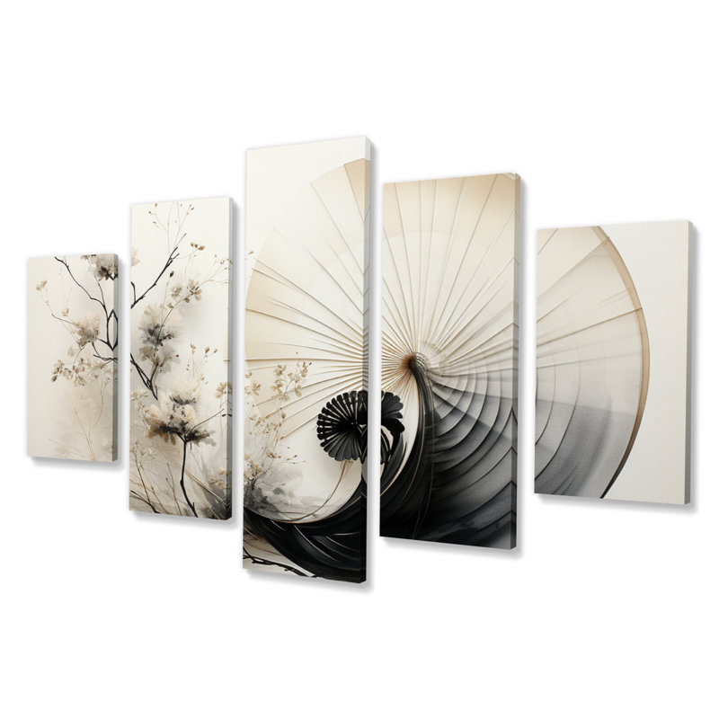 Asian Art Seashell Sumi VI - Art mural asiatique sur toile - 5 panneaux