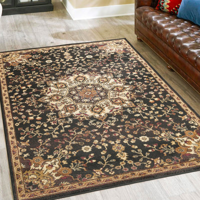 Remise de rangement classique en métal 3 po Tapis noir X 7 avec un médaillon gracieux et tendance - couleurs, polypropylène avec palette de couleurs élégante, composition