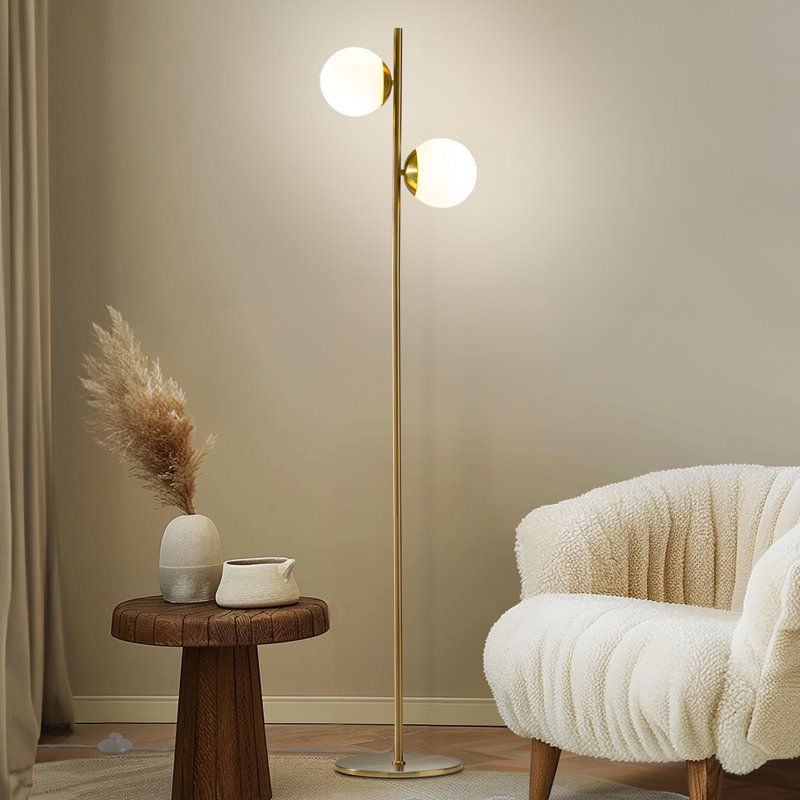 Sphere 65 in. Modern LED Energy-Efficient Floor Lamp in Brass Finish with 2 Glass Globe Shades