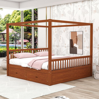 Wooden Canopy Bed with Built-in Storage Drawers and Durable Frame