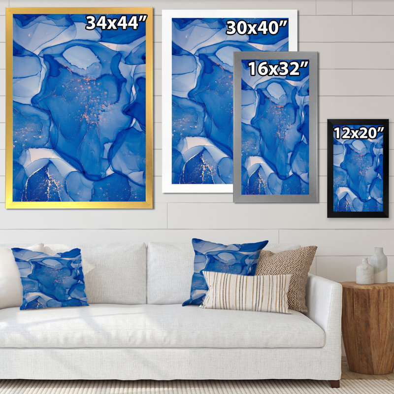 Blue Ink Clouds I - peinture sur toile, Encadrement doré, H 32 po x l 16 po x P 1 po