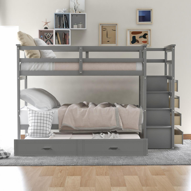 Caldara Kids Twin Over Twin Bunk Bed with Trundle with Drawers, Gray