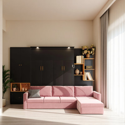 Queen Size Murphy Bed With Large Sofa, Storage Shelves & Cabinets, Modern Space-Saving Wall Bed With Dual Lights