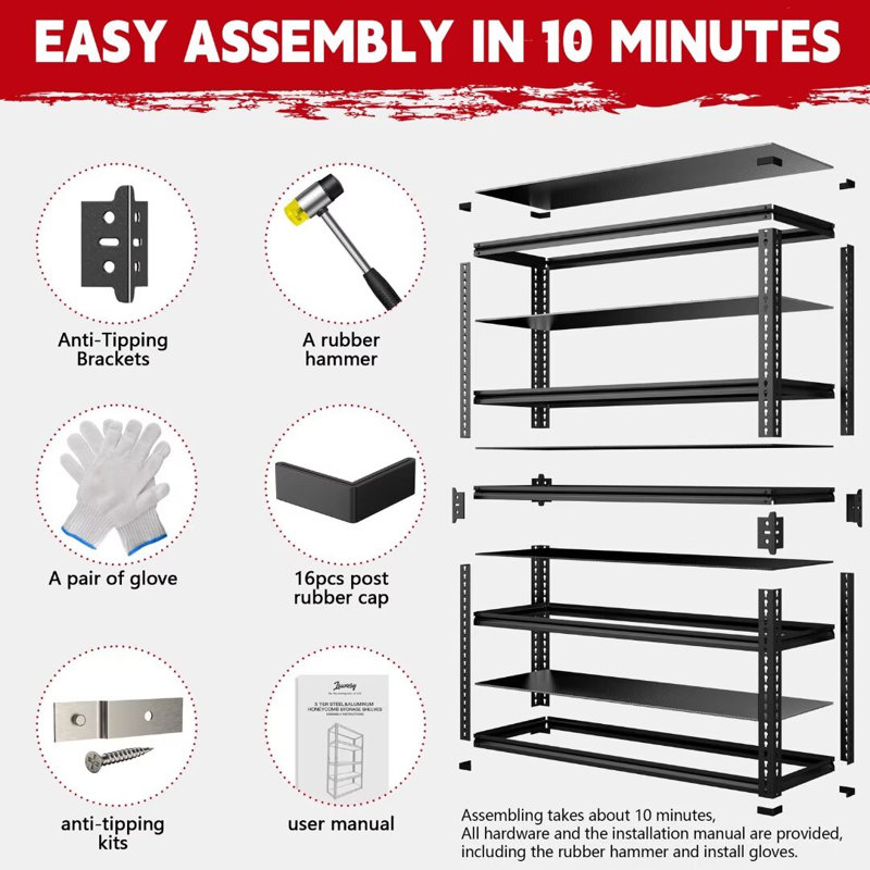 Étagères de garage pour tablettes de rangement robustes d'une capacité de 3000 lb, H 72 po x l 45 po x P 18,9 po
