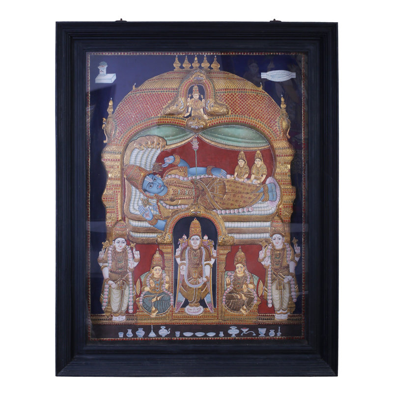 «Lord Vishnu reposing on Sheshnag», peinture traditionnelle indienne avec cadre en teck | Art mural 24K à feuilles d'or | Décoration spirituelle fabriquée à la main Ananta Shesha | Prêt à accrocher, œuvre encadrée du temple