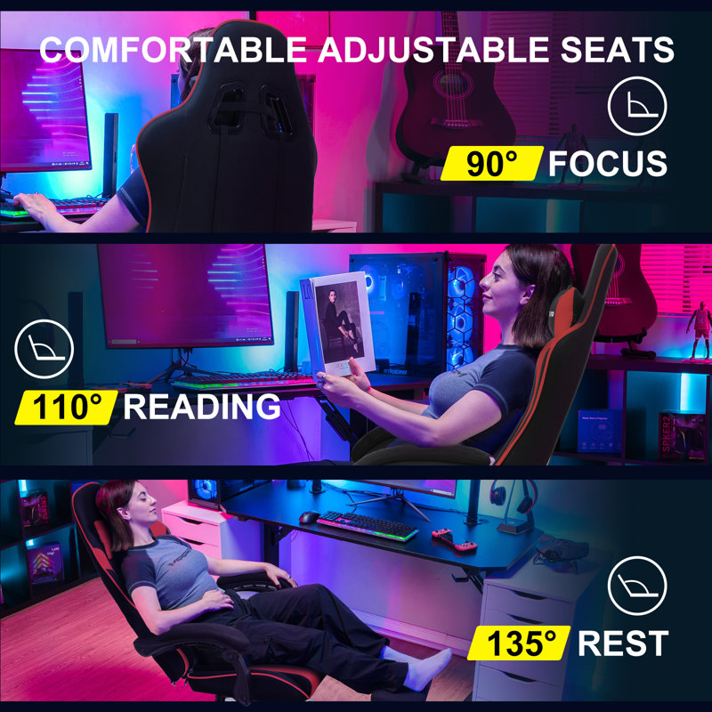 LUCKRACER Adjustable Reclining Ergonomic Swiveling PC & Racing Game Chair with Footrest, Red, Fabric