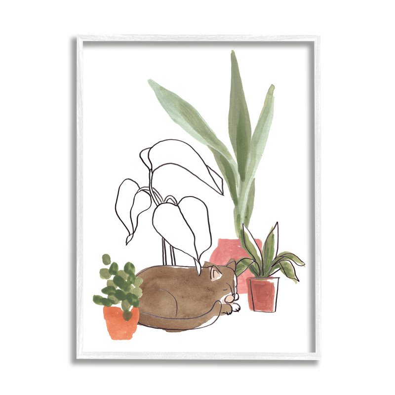 Chat d'intérieur endormi avec des plantes en terre cuite Big Palms par June Erica Vess, H 20 po x l 16 po x P 1,5 po