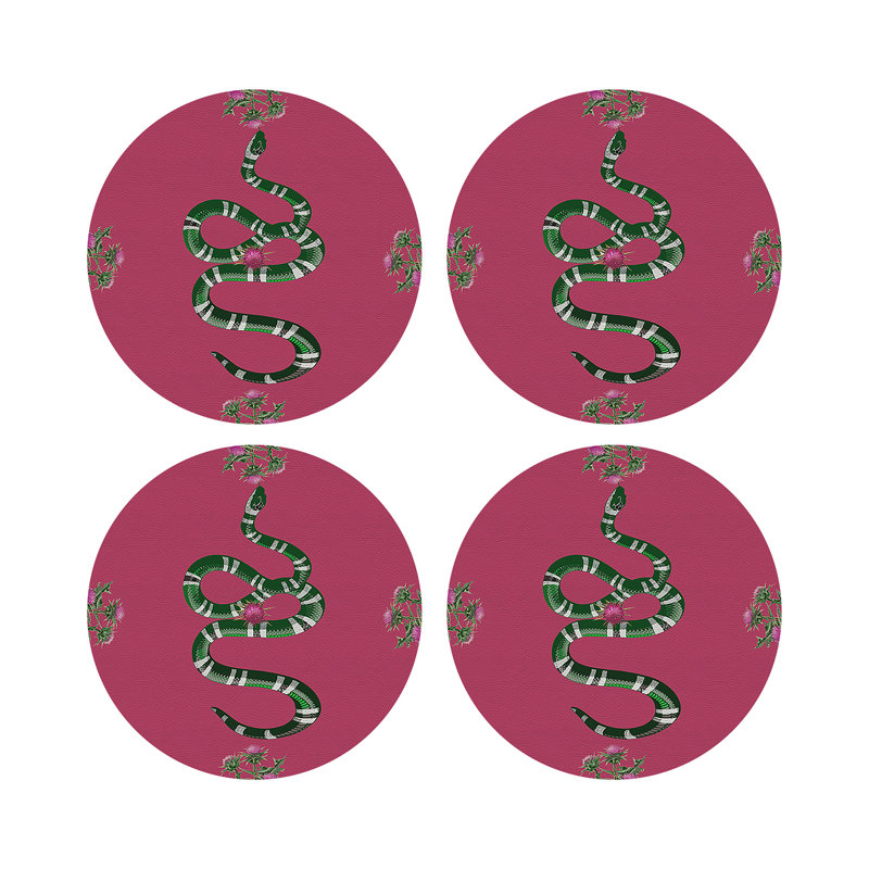 Thistle And Snake Pink Vegan Leather Round Coasters, Pink